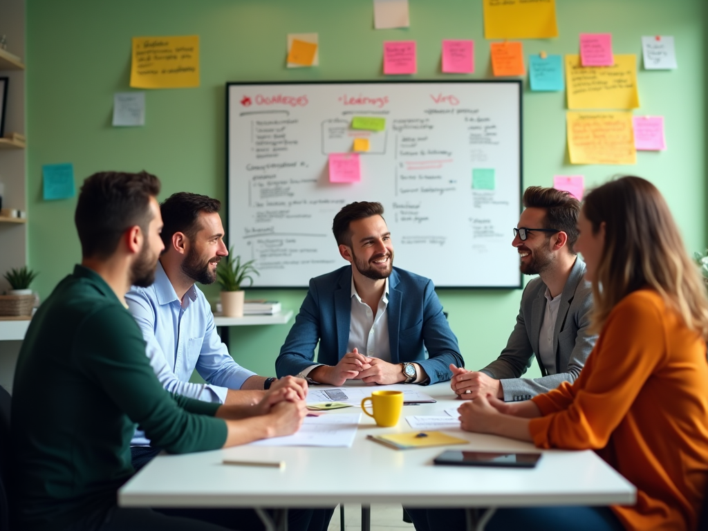 Five professionals laugh and brainstorm around a table with notes and a whiteboard in a green office.