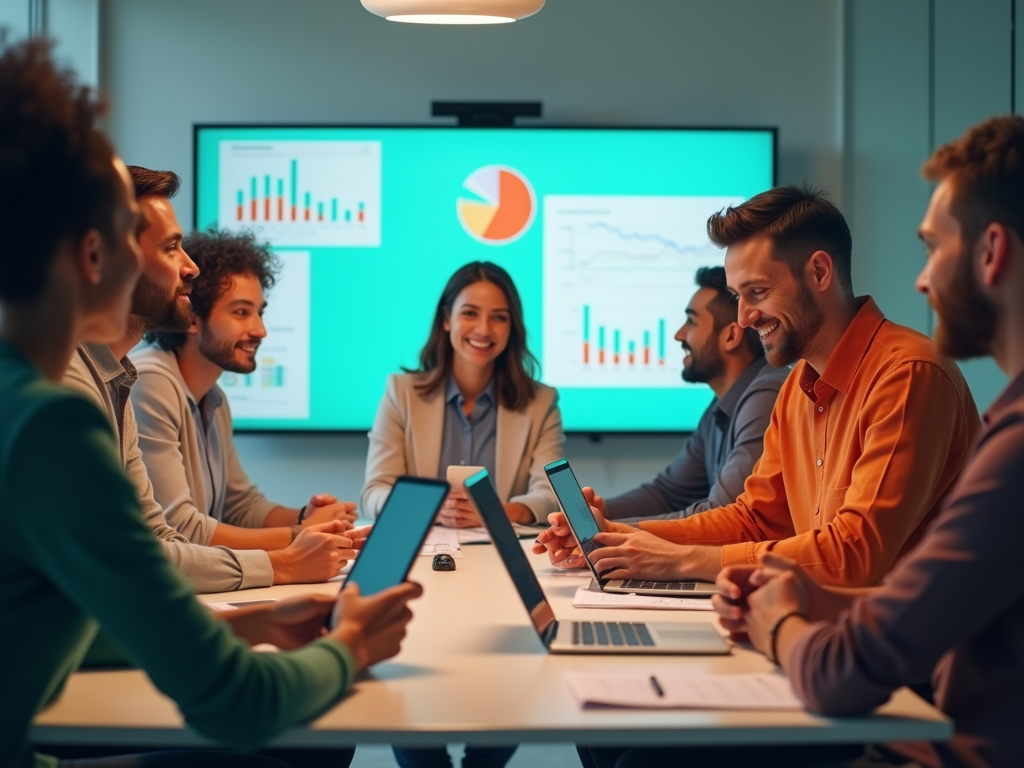 A diverse group in a meeting room collaborates over tablets and laptops, discussing data displayed on a large screen.