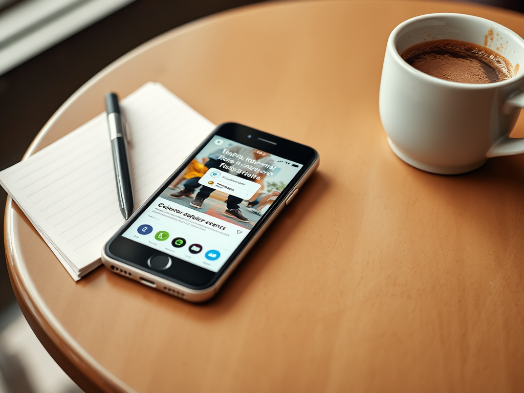 A smartphone displaying an app, a notepad, and a coffee mug on a wooden table.