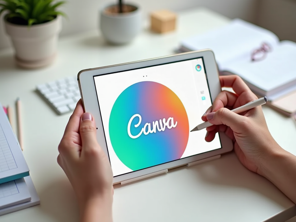 A person using a tablet to access the Canva app, with a colorful logo displayed on the screen.