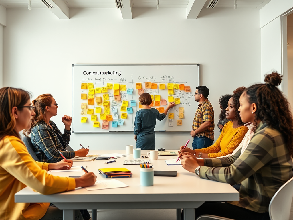 In a bright meeting room, a diverse group discusses content marketing, surrounded by sticky notes and brainstorming materials.