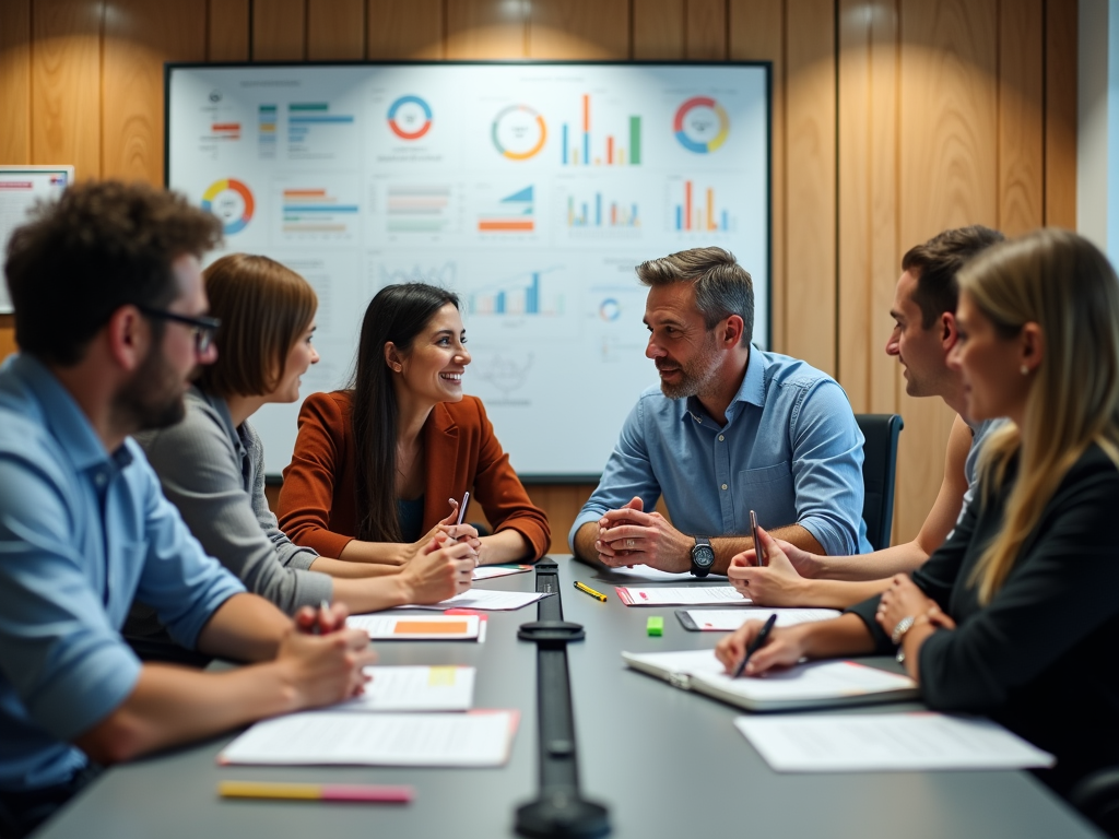 A team of professionals engaged in an animated discussion around a conference table with graphs in the background.