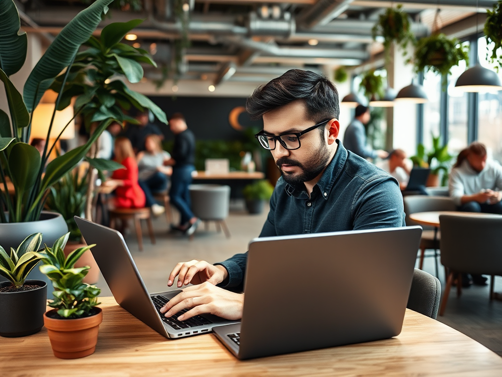 A man works on a laptop in a modern café surrounded by plants and people engaged in conversation.