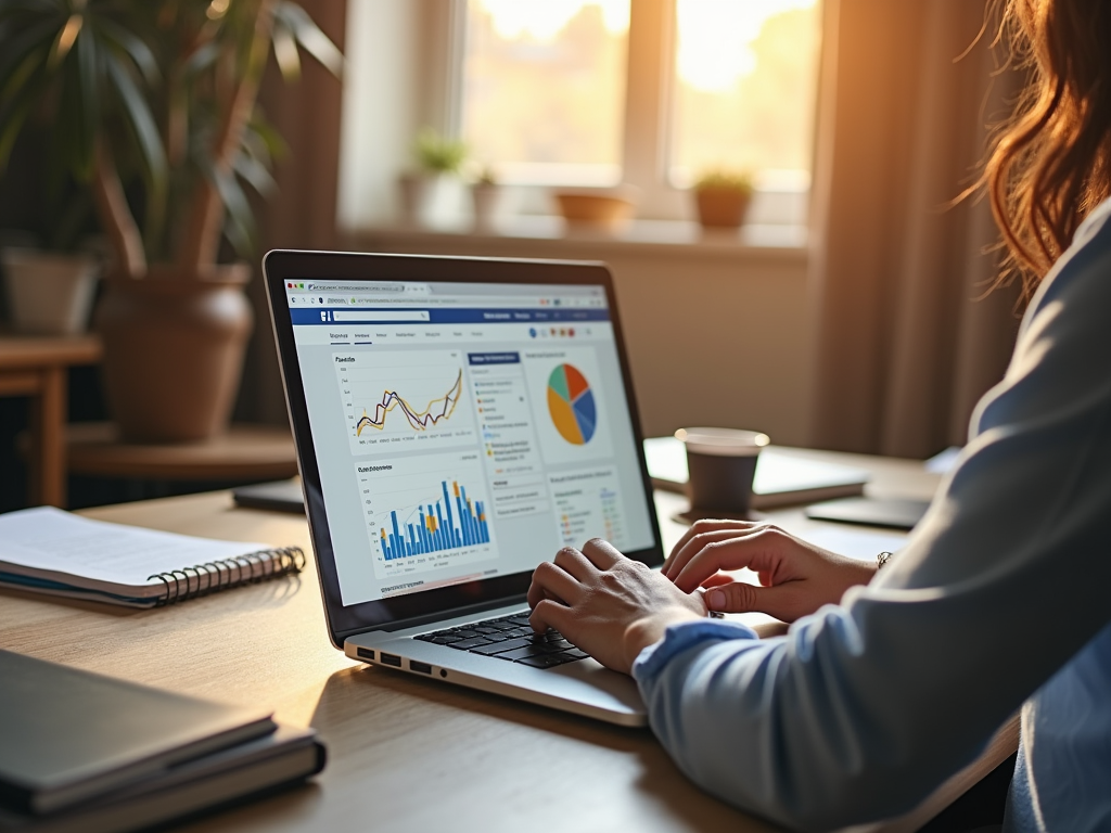 Person analyzing data charts on a laptop in a sunlit office.