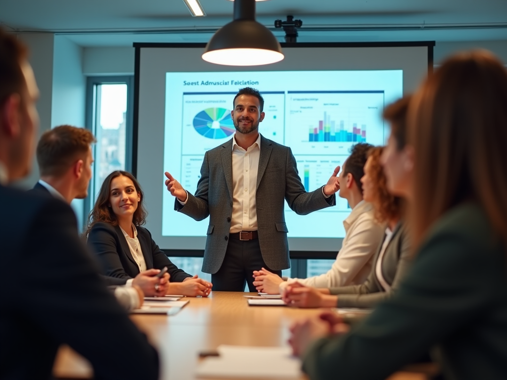 Businessman presenting data charts to colleagues in a boardroom meeting.