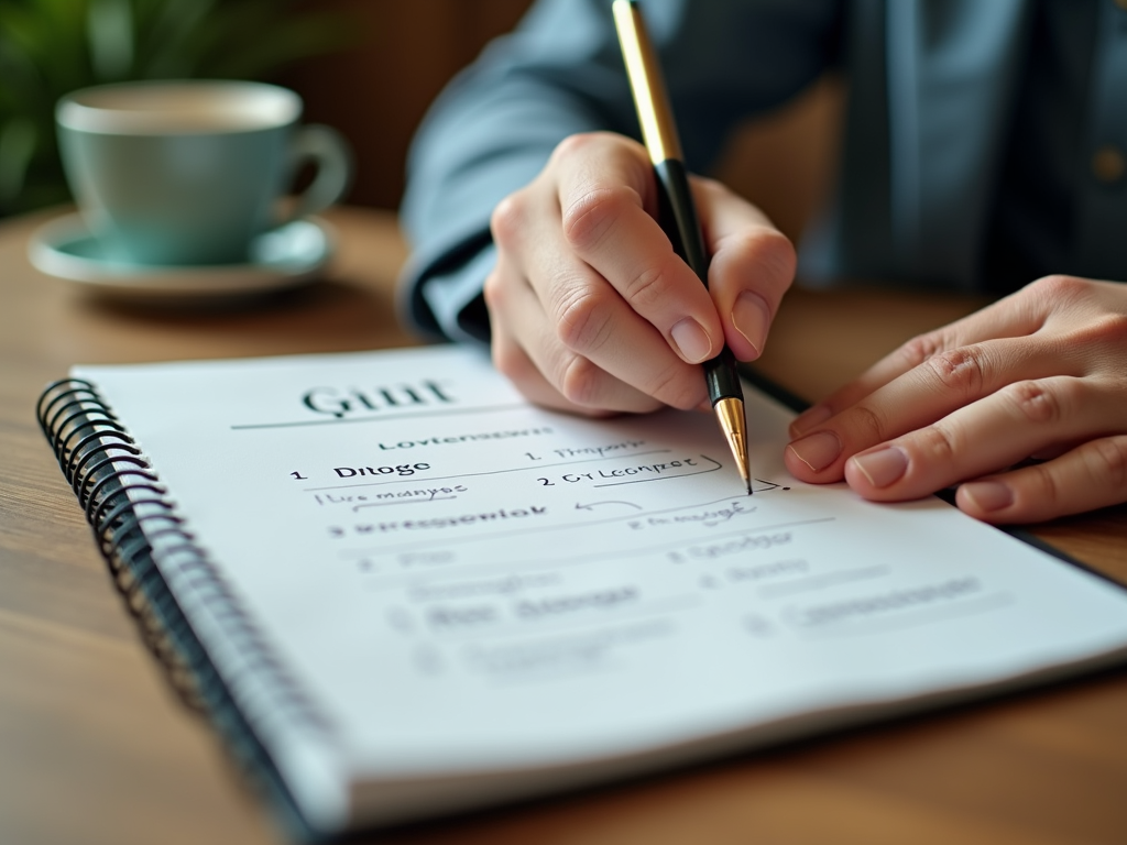 A person's hand holding a pen, writing in a notebook with a cup of coffee nearby on a wooden table.