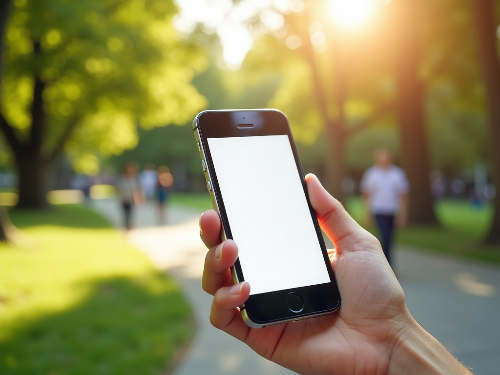 Hand holding smartphone with blank screen in a sunny park with walking people in the background.