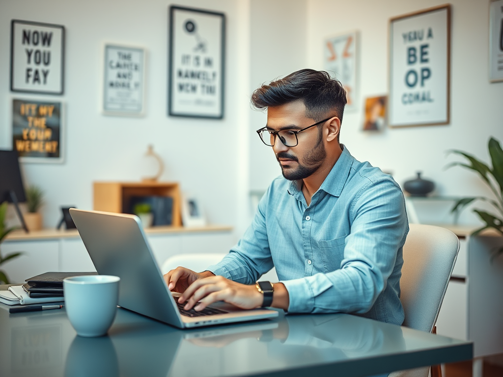 A young man in a blue shirt works intently on a laptop at a desk, surrounded by decorative wall art and a cup.