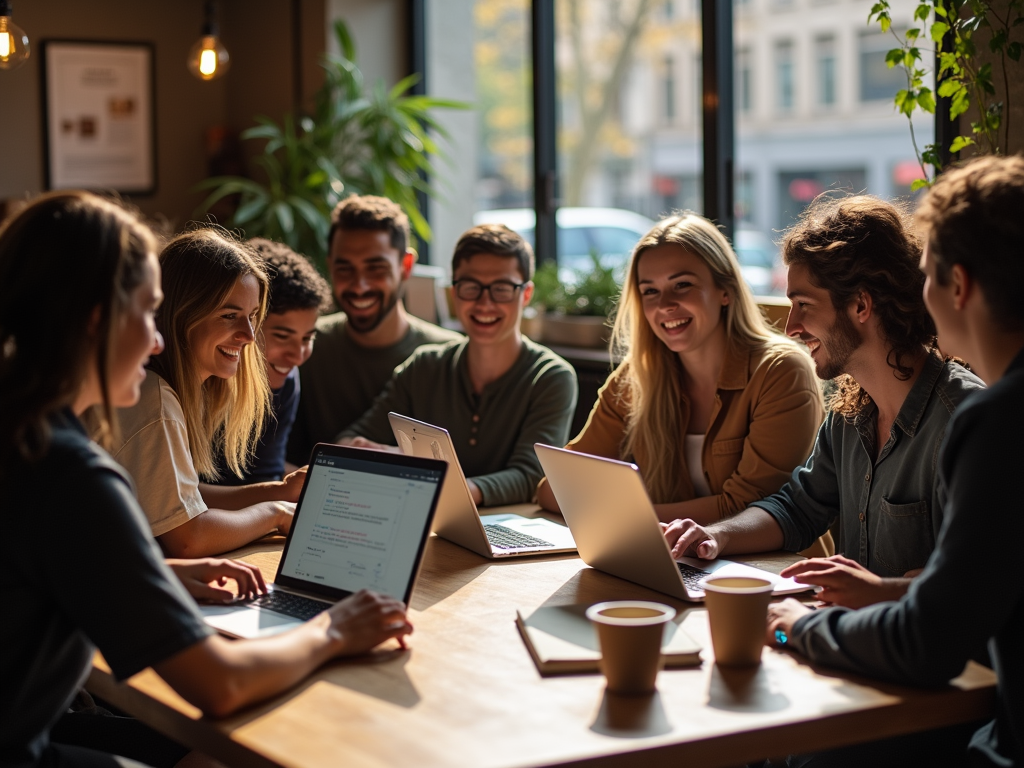 A group of smiling young adults collaborates around a table with laptops and coffee cups in a bright cafe.