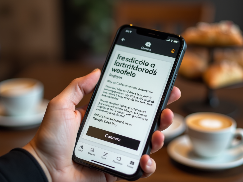 A hand holds a smartphone displaying a menu screen in a café, with cups of coffee and pastries in the background.