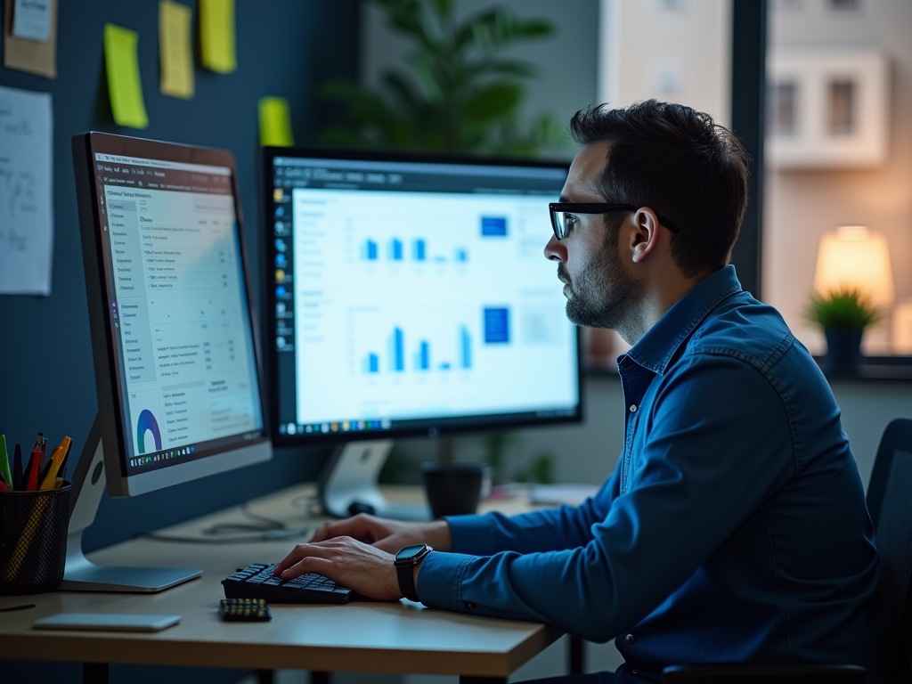 A man working at a desk with two monitors, analyzing data and graphs in a well-lit office environment.