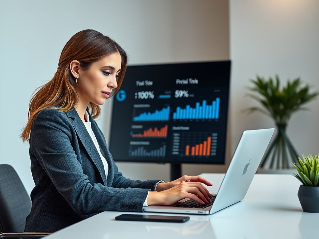 A professional woman working on a laptop, with data charts displayed on a monitor in the background.