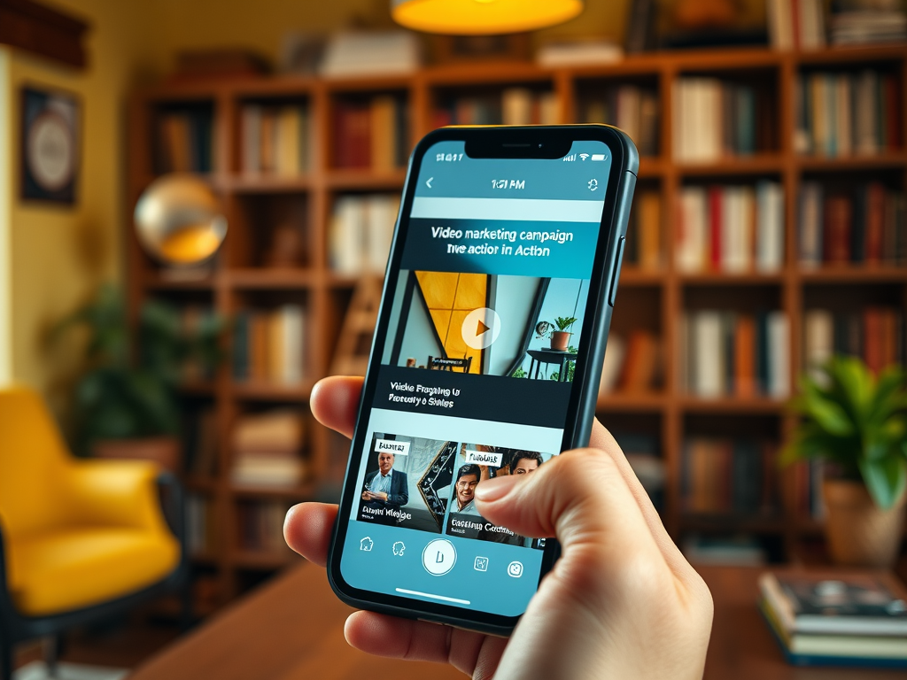 A person holds a smartphone displaying a video marketing campaign in a cozy library setting.