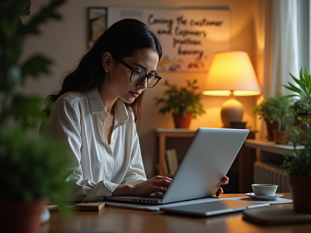 Woman working on laptop in cozy home office with warm lighting.