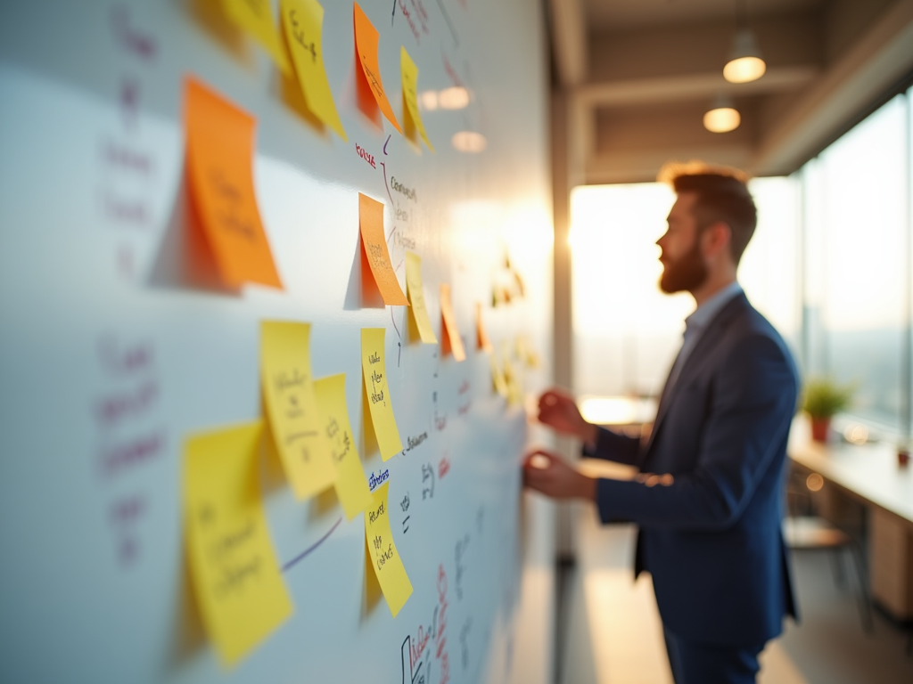 Businessman reviewing colorful sticky notes on a whiteboard in an office setting.