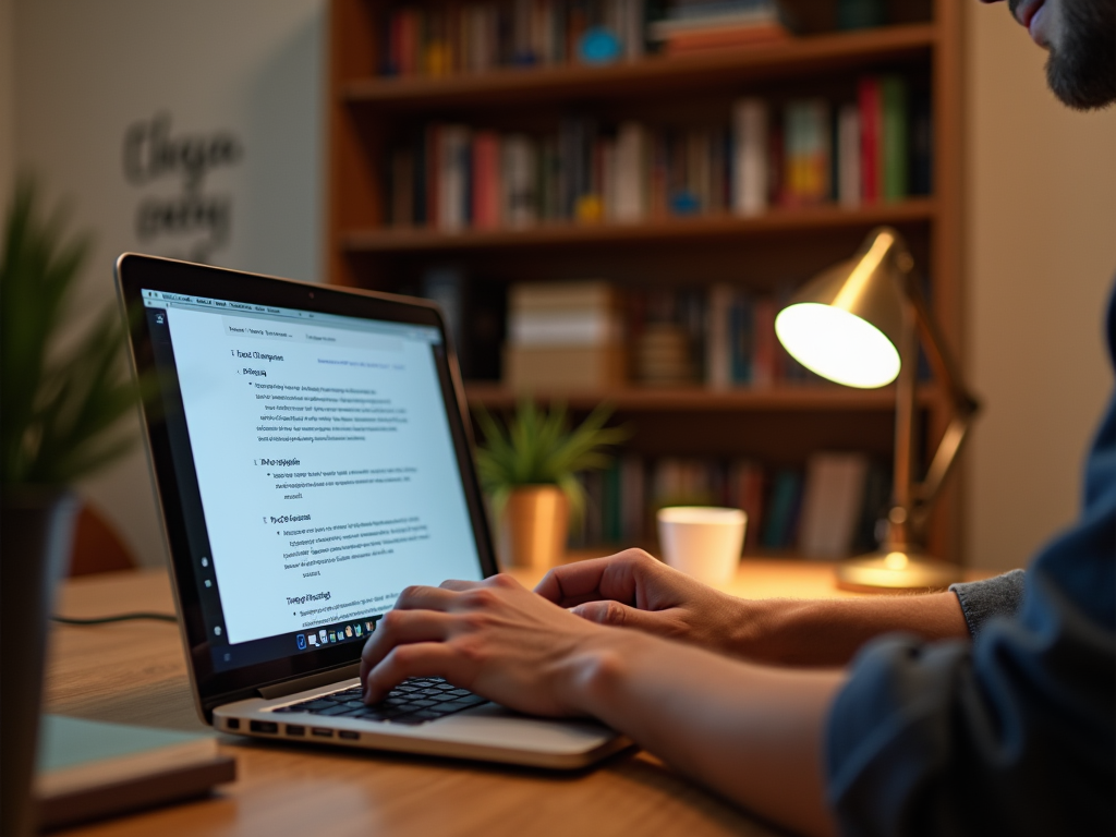 Person working on a laptop with text visible on the screen in a well-lit room with books and lamp.