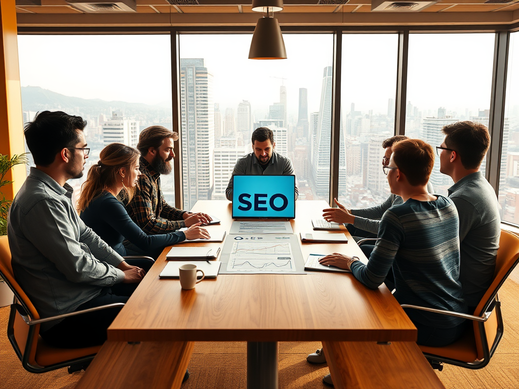 A team meeting in a modern office with a large screen displaying "SEO," discussing strategies with a city view.